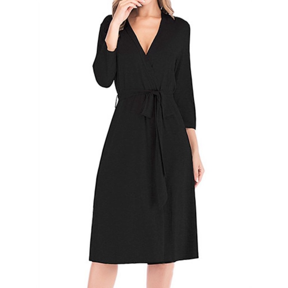 SOLD! Express Black Long Sleeve Collared V-Neck Tie Wrap Midi Dress 7/8 - Picture 1 of 16